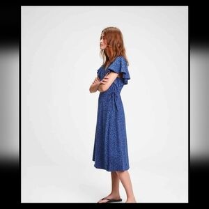 GAP Blue Flutter Sleeve Animal Print Wrap Midi Dress Small Tall Cotton